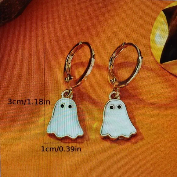 Boho Halloween Ghost Earrings Dangling Huggie White Gold Tone 1.18 In - Picture 8 of 11